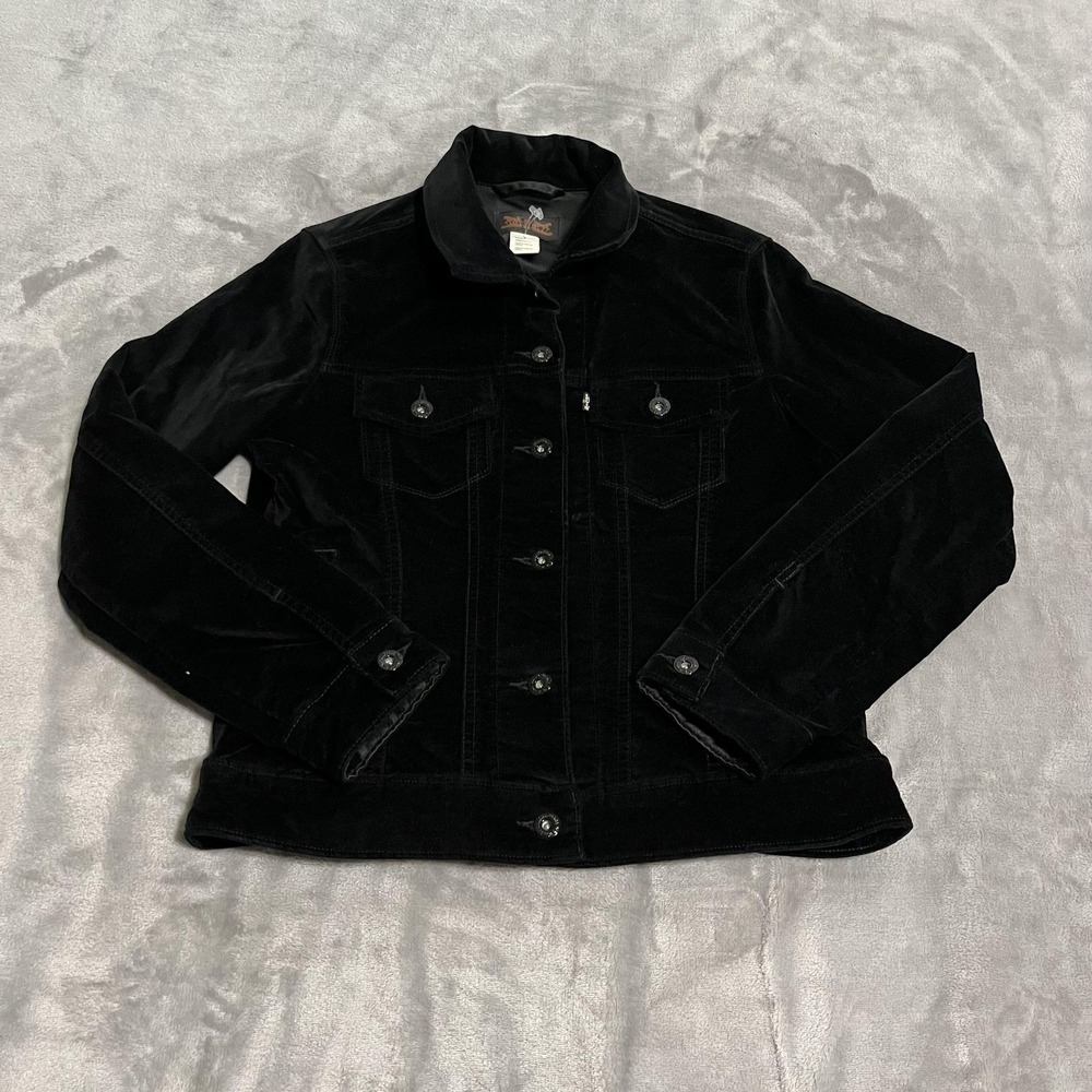 Levis Jacket Womens Medium Black Velvet Trucker Button Front Stretch 77198-0002